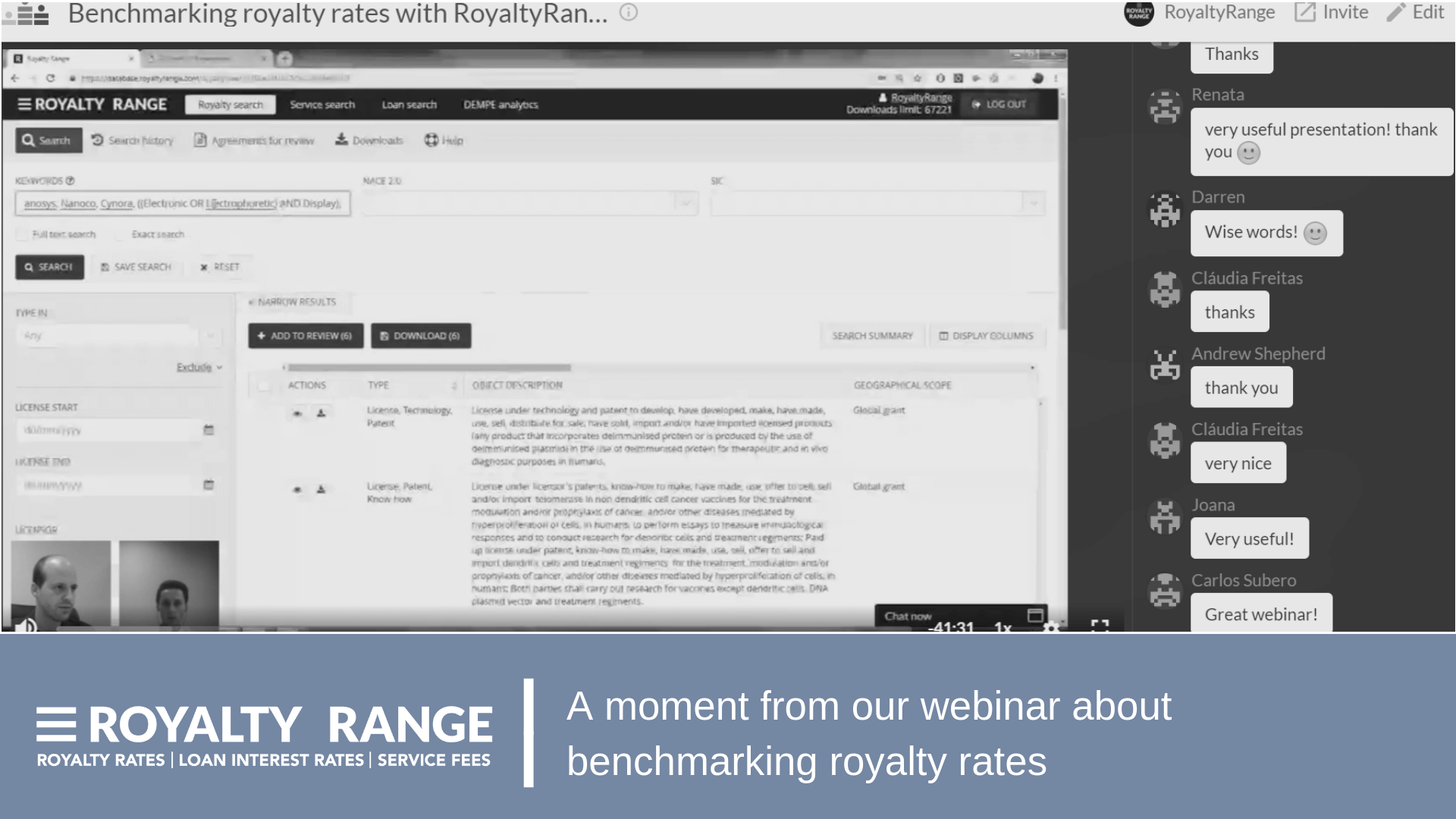 A moment from RoyaltyRange webinar about benchmarking royalty rates